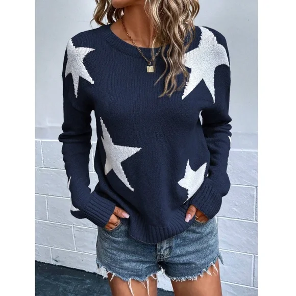 Star Print Navy Blue Knit Sweater Pullover Long Sleeve Crew Neck - Picture 3 of 6